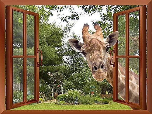 Bonita vista de ventana con efecto 3D, jirafa curiosa que pega la cabeza en ventanas falsas, pegatinas de vinilo extraíbles para pared, 60x90cm
