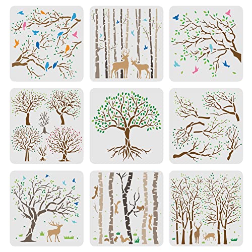 FINGERINSPIRE 9 Plantillas Árbol de la Vida 20x20cm Aspen Trees/Life Tree Stencils para Pintar Árboles y Pájaros Voladores Plantillas para Pintar sobre Madera, Lienzo, Papel, Tela, Suelo
