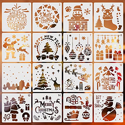 16 plantillas de Navidad de 15 x 15 cm, plantillas de dibujo de plástico para niños, plantillas de pintura reutilizables, para pintura de pared, muebles, álbumes de recortes, decoración de bricolaje de Navidad
