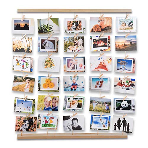 Uping Múltiples marcos de fotos de pared con cuerdas y clavos de madera, decoración del hogar y regalo (color de madera natural)