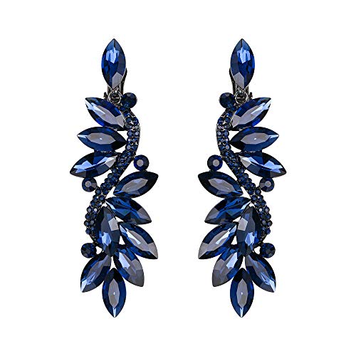 Clearine Clip Pendientes para Mujer Moderno Boda Nupcial Crystal Flower Romance Clip Pendientes Color Zafiro Azul Oscuro Tono Plata