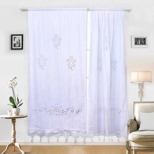 DOKOT, cortina de cocina bordada de algodón blanco, cortina de cafetería, cortina de ganchillo con borlas para banco, sala de estar, 70x150cm (1 panel)