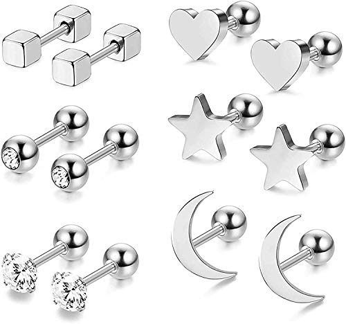 Pendientes de plata RUICHUANGS para mujer, Piercing para la oreja, pendientes de acero quirúrgico, estrella, Luna, corazón, Piercing para la oreja, 6 pares