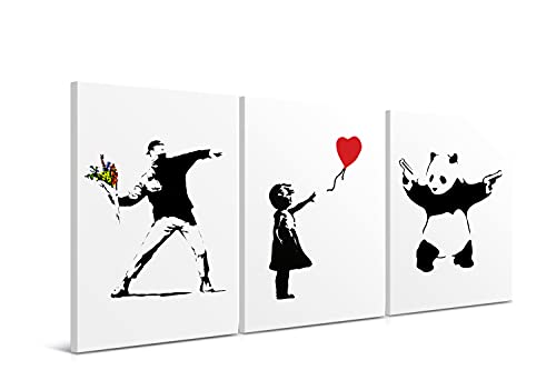 Cuadros de Banksy Moderno - 30 x 40 cm (Pack de 3) - Decoraciones de pared para salón, dormitorio, cocina y baño - lona de poliéster y marco de madera, LEN-024