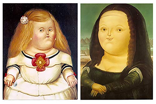 Pinturas del artista Dcine Botero: Menina, Mona Lisa sobre madera.  Conjunto de 2 unidades Unidad de 19cm x 25cm x 4mm.  Adhesivo FÁCIL DE COLGAR.  Adorno decorativo