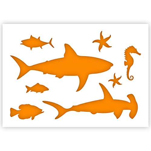 Plantilla de animales QBIX - vida marina, estrella de mar, caballito de mar, varios tiburones y peces - A3, ideal para pintar, hornear, manualidades, pared, muebles, decoración