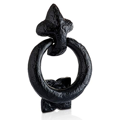 XFORT Fleur De LYS Aldaba de puerta de anillo antiguo Aldaba de puerta de hierro fundido negro rústico negro tradicional