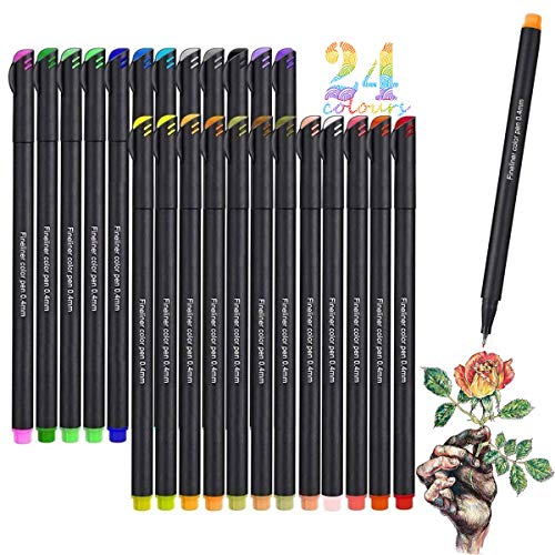 Fineliner Pens, Vakki Color Fineliner Pen Set, 0.4mm 24 colores Bullet Journal Pen Nota Tomar Libros para colorear para adultos Pintura Dibujo