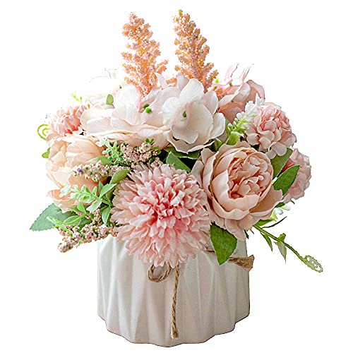 KIRIFLY Peonía artificial Flores de hortensia de seda falsa con jarrón, Arreglos florales para decoración de bodas Centros de mesa (Juego de jarrón de cerámica rosa)