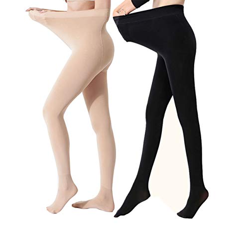 Yulaixuan 2 pares de pantalones de invierno reforzados con piernas gruesas opacas de talla grande 120D para mujer (1 de piel y 1 negro de talla grande)
