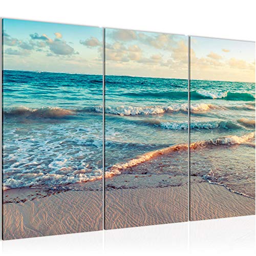 Rune Art Sea Beach Cuadro Decorativo para Salón XXL Azul Beige Panorama 120 x 80 cm 3 Piezas Decoración de Pared 015531a