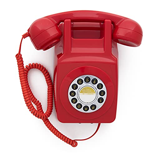 GPO 746 Teléfono fijo de pared retro con botones - Cable en espiral, anillo auténtico - Rojo