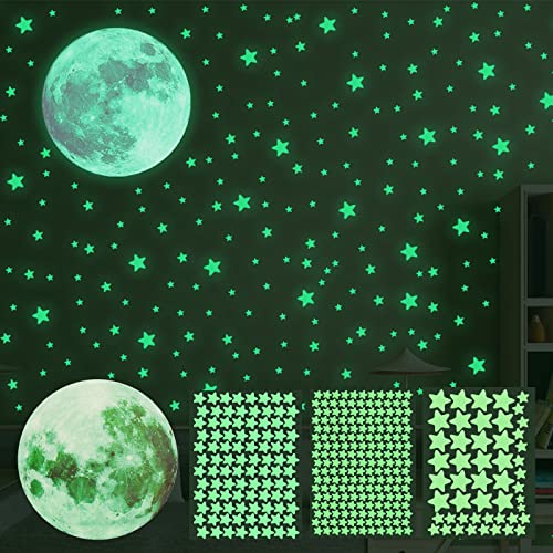 KAONESS Luminoso Pegatinas de Pared Luna y Estrellas Pegatina Pared Fluorescente para Niños Infantil Fluorescente Adhesivos para DIY Decoración de la Habitación para techo 3 Piezas 334pcs