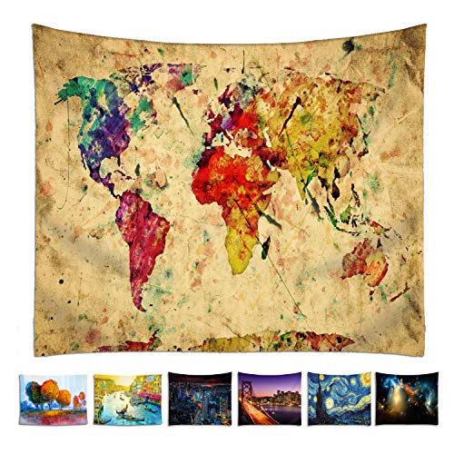 Tapiz Omnihabits, paño de pared, tapiz, colcha, estampado de manta detallado (World Map, 130 x 150 cm)