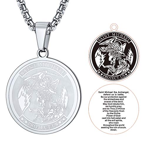Medalla redonda de San Miguel Arcángel, collar de cadena de oración bíblica cuadrada de Metal de acero inoxidable 316L para hombres, joyería de protección familiar