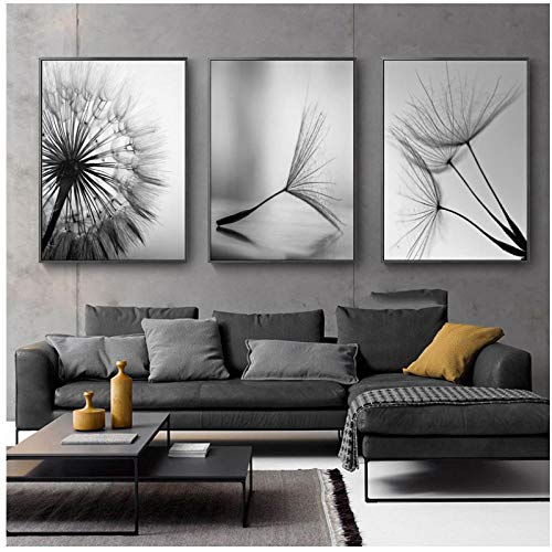 WQFairy Diente de león Impresión de arte Flore Lienzo Pintura moderna Imagen en blanco y negro Decoración para el hogar Sala de estar Póster de pared abstracto (3 piezas 50x70cm Sin marco)