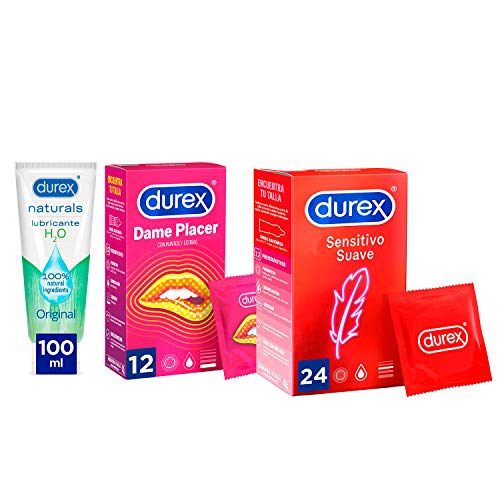 Durex Preservativos Give Me Pleasure + Preservativos Soft Sensitive + Lubricante Naturals H20 - Total 24 Preservativos + Gel 100ml, Rojo, 37 Unidad