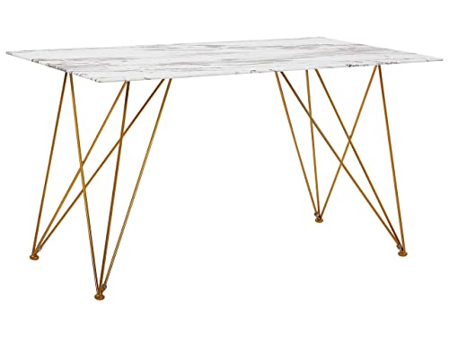 Mesa de comedor efecto mármol blanco con sobre de cristal templado dorado patas de metal 140 x 80 cm salón glam