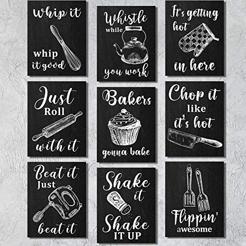 9 pósteres de pared de cocina, citas divertidas de utensilios de cocina, póster decorativo de 40 puntos de pegamento para cafetería restaurante, blanco y negro, 11 x 14 pulgadas