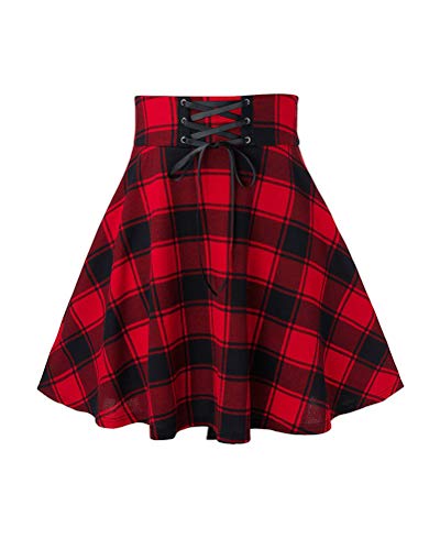 Minifalda plisada a cuadros de invierno para mujer con cintura alta elástica doble encaje D colegiala rojo L