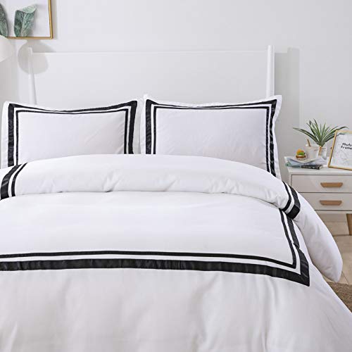 TEALP Hotel Stitch Ribbon White Bed Cover Set 100% algodón suave ropa de cama blanca con borde negro, King