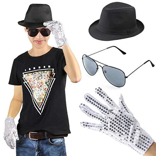 Beelittle MJ Michael Jackson - Juego de accesorios para disfraz, guante de lentejuelas y gafas de sol Fedora