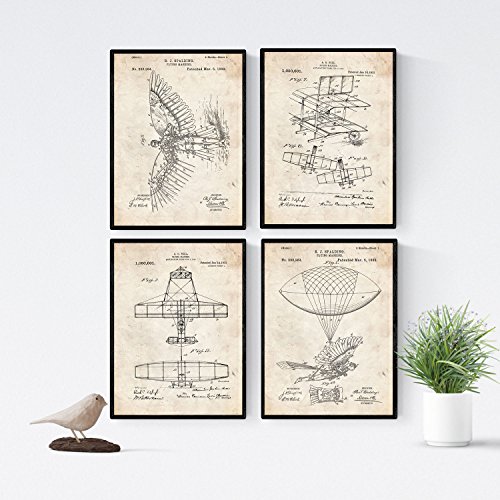 Nacnic - Paquete de 4 Hojas de Patente de Aviación - Juego de Pósters de Invenciones Antiguas - Coches Voladores Tamaño A4