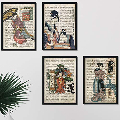 Nacnic Set 4 Estampados Orientales Estilo Vintage |  Pósters de geishas japonesas con texto en español |  Imagen del arte asiático antiguo