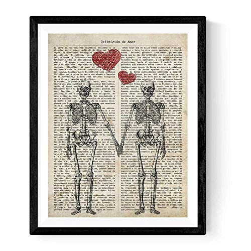 Lámina Nacnic para enmarcar una pareja de esqueletos.  Definición del diccionario del cartel vintage de la impresión del arte del amor.  Papel 250 gramos tintas resistentes (A3, sin marco)