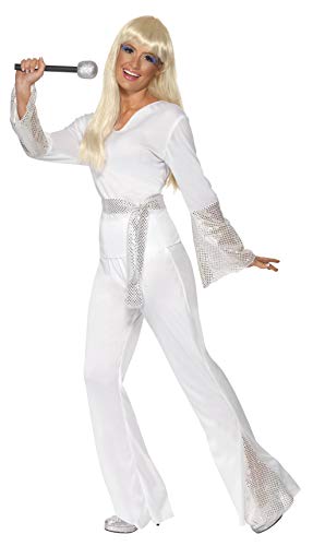 Smiffys-22170L Disfraz de chica disco de los años 70 con top, pantalón y cinturón, blanco, talla L-EU 44-46 (Smiffy'S 22170L)
