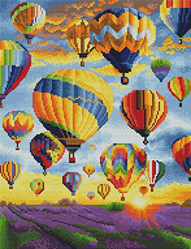 Kit de punto de cruz de bordado de campo de lavanda de Abillyn, coloridos globos de aire caliente con estampado de patrón inicial (lavanda)