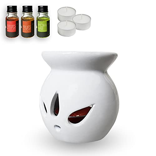 Quemador de aceite esencial de cerámica ORATIC que incluye 10 velas de té de repuesto y 3 esencias aromáticas - Quemador de aceite esencial para decoración del hogar, aromaterapia o meditación.