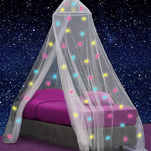Toldo de cama de unicornio que brilla en la oscuridad para niñas, decoración de habitación con mosquitera de princesa, tienda de campaña para dormitorio de bebé con luces de galaxia