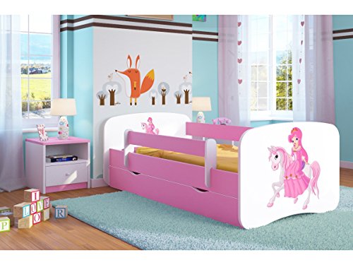 Cama infantil Bjird 80x180 Rosa cama infantil con barrera anticaídas, cajones extensibles y somier - para niñas - 180 x 80 cm princesa sobre pony