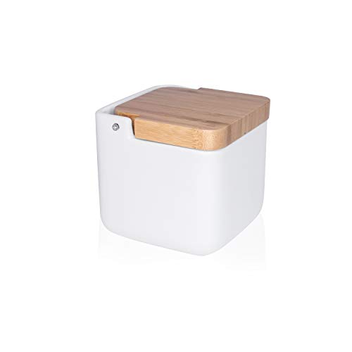 Salero de cocina Kook Time con tapa de madera de bambú.  - Salero de cocina moderno blanco con base de cerámica para usar como sal y azúcar o especias, 11,2 x 11,2 x 11,2 cm.