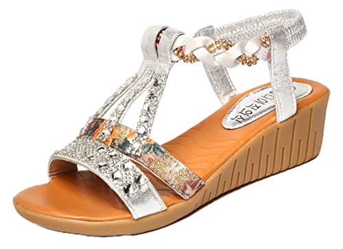 DrmSweet Sandalias de verano para mujer Plataforma bohemia Cuñas Gladiador Zapatos de playa Roma Cristal Casual Banda elástica
