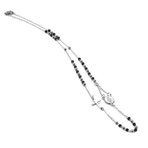 SAGA GIOIELLI® Collar rosario unisex, gargantilla con esferas negras y plateadas, acero