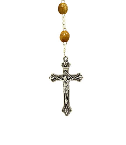 Collar de cuentas de rosario de madera de olivo de 54 cm con cruz de tierra de la Tierra Santa de Belén - Certificado de autenticidad en bolsa de rosario incluida