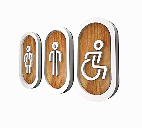 DOJA Barcelona |  Póster de baño |  Hombre + Mujer + Discapacitado |  Color madera |  100 mm x 180 mm |  Símbolo Adhesivo Puerta WC |  Placa adhesiva para inodoro, póster para inodoro, letrero para inodoro