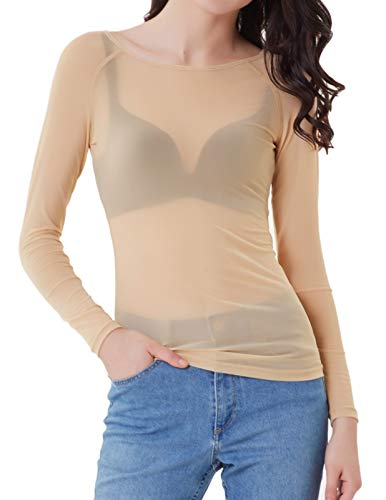 Camiseta informal transparente ajustada de malla de manga larga de Color liso para mujer, Tops Beige 2XL CL011046-3
