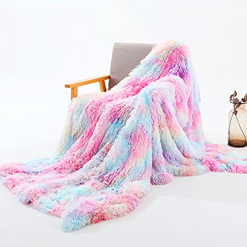 Manta supersuave, cálida, de pelo largo, esponjosa, de felpa PV, manta de franela de doble cara para sofá cama, 130x160cm, arcoíris