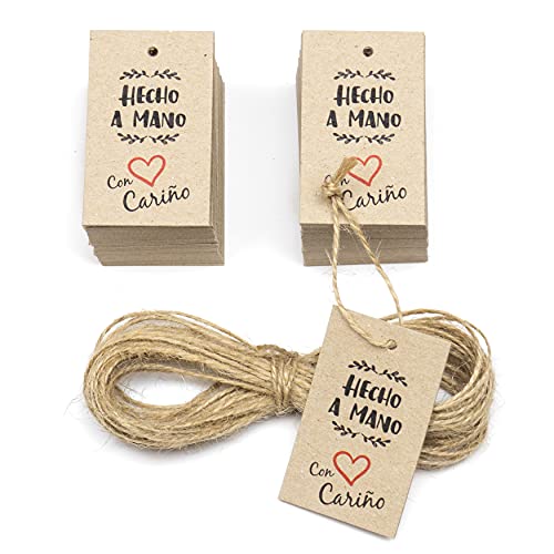 150 etiquetas pequeñas hechas a mano de cuerda de yute español 60x35 mm Tarjetas colgantes pequeñas con agujero Cartulina 100% reciclada (Hecho a mano con amor)