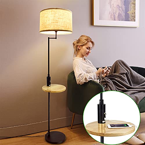 Depuley Lámpara LED de mesa de madera, lámpara de pie de 167 cm con puerto USB, lámpara de luz cálida E27, diseño moderno clásico, bombilla de 9 W incluida