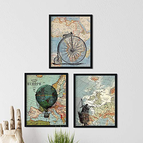 Nacnic Set Estampados Decoración Viajes Alrededor del Mundo |  Pósters y cuadros con imágenes y dibujos Globo terráqueo antiguo, bicicleta y barco |  tamaño A4