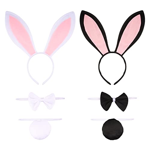 BOFUNX 2 juegos de accesorios para disfraz de conejo, diadema de orejas de conejo, cola de pajarita para fiesta de disfraces, juegos de disfraz blanco + negro, 6 piezas, mujer, niña, adulto