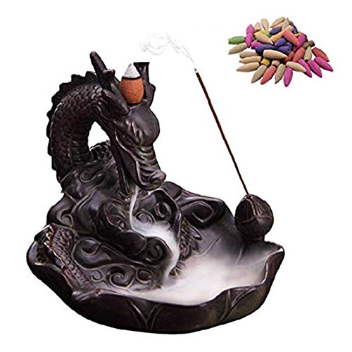 Quemador de incienso de reflujo para el hogar con forma de dragón con 20 incienso, quemador de incienso de dragón con esmalte de humo quemador de incienso de reflujo de cerámica