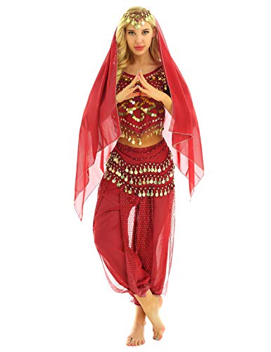 inhzoy Vestido de Danza del Vientre para Mujer Traje de Princesa Árabe Traje de Danza de Lentejuelas Indias Conjunto de Danza Oriental 4 Piezas para Rendimiento de Fiesta Rojo Talla Única