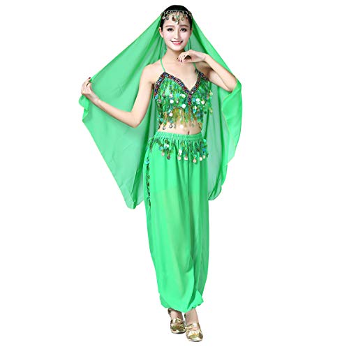 OBEEII Traje de Danza Árabe Traje de Danza del Vientre de 3 Piezas para Mujer para Actuación Carnaval Danza Oriental Pantalones Superiores Árabes Indios y Velo Verde