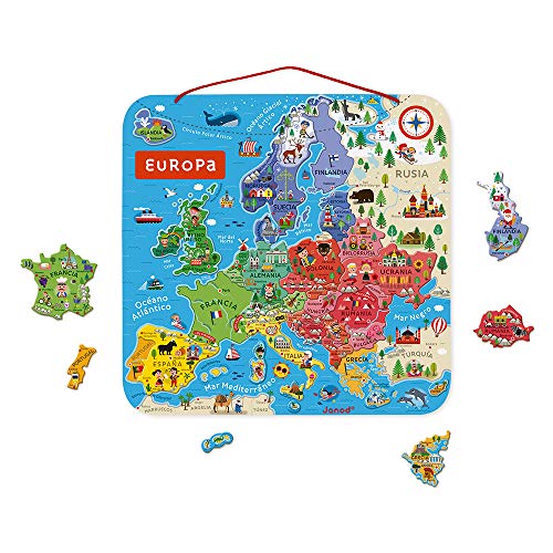 Janod - Puzzle de madera Mapa magnético de Europa - 40 piezas imantadas - 45 X 45 cm - Versión en español - Juego educativo a partir de 7 años, J05474