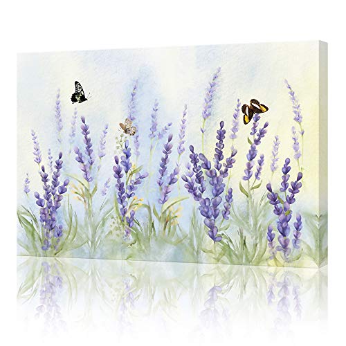 SUMGAR Cuadro de lienzo morado de lavanda con diseño de flores violetas con estampado floral de mariposa, pintura botánica de primavera, paisaje, floración enmarcada para baño, cocina, 60 x 40 cm